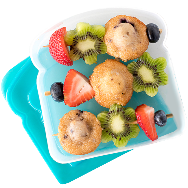 Blueberry muffin and fruit kebabs