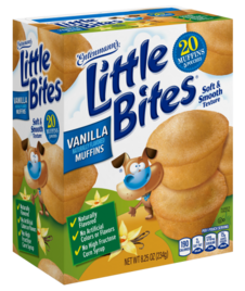 A 20-count box of Little Bites Vanilla Muffins that also features a cartoon dog and vanilla flowers on it.